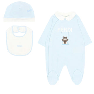 Fendi Tutina Azzurra In Cotone Con Cappellino E Bavaglino BUQ167-ST8-F19J4 Per Neonato