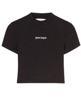 Palm Angels T-shirt nera cropped in jersey con logo PWAA077C99JER0011003