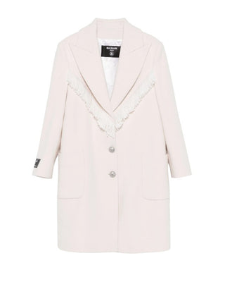 Balmain Cappotto avorio in lana con frange BV2B60-E0086