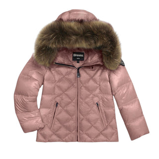 Blauer Giubbino trapuntato a rombi con cappuccio e pelliccia 25WBLGC03384