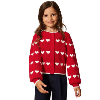 TWINSET Cardigan Rosso Con Disegno Jacquard A Cuori 262GB3033 Per Bambina