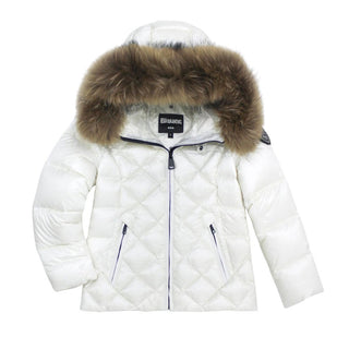 Blauer Giubbino trapuntato a rombi con cappuccio e pelliccia 25WBLGC03384