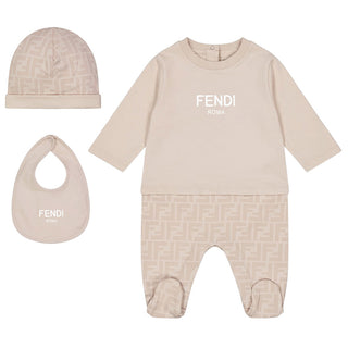 Fendi Tutina Beige Con Cappellino E Bavaglino BUK115-AQT8-F19J5 Per Neonati