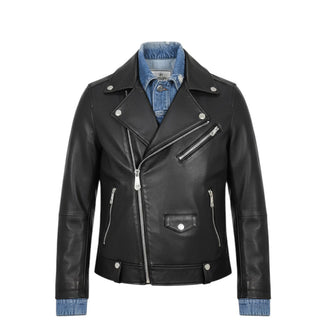 Philipp Plein Giubbino Biker In Pelle Con Dettagli Denim P20CBLB0180