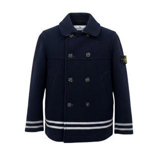 Stone Island Cappotto doppiopetto in lana blu con logo 731641436