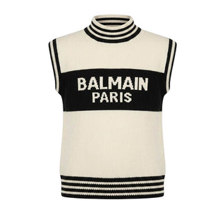 Balmain Maglia Gilet In Misto Lana Con Logo Per Bambina BV9A51-Z2361