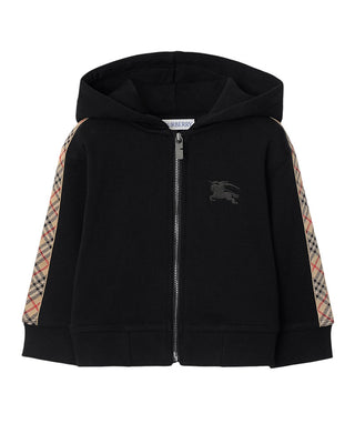 Burberry Felpa nera con cappuccio, zip e finiture Check 8108852