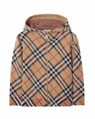 Burberry Cardigan beige in lana Check con zip e cappuccio 8104314