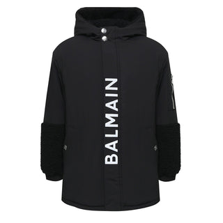 Balmain Giubbino nero con cappuccio e inserti in teddy BT2P20-Z1519