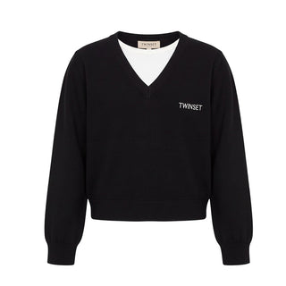 TWINSET Maglia Nera In Misto Viscosa Con Logo Per 262GJ3063 Bambina