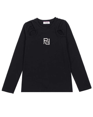 Pinko T-shirt nera a maniche lunghe con strass F4PIJGTH036